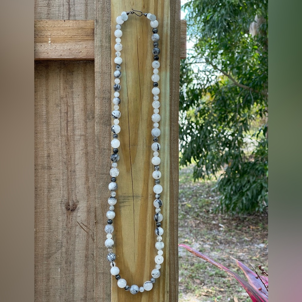 Dendritic agate bead necklace with sterling silver clasp